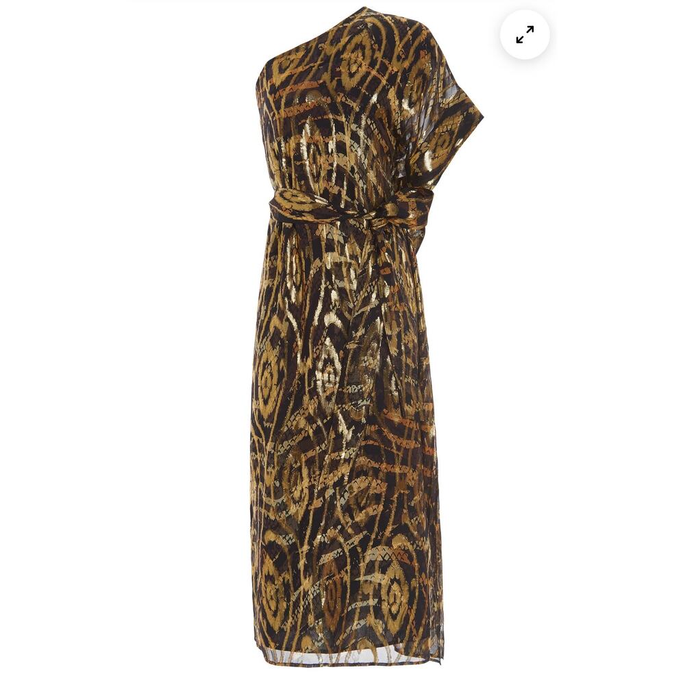 B60 Marie Oliver Farrow Caftan Maxi Dress Small One Shoulder Silk Metallic - Picture 5 of 11